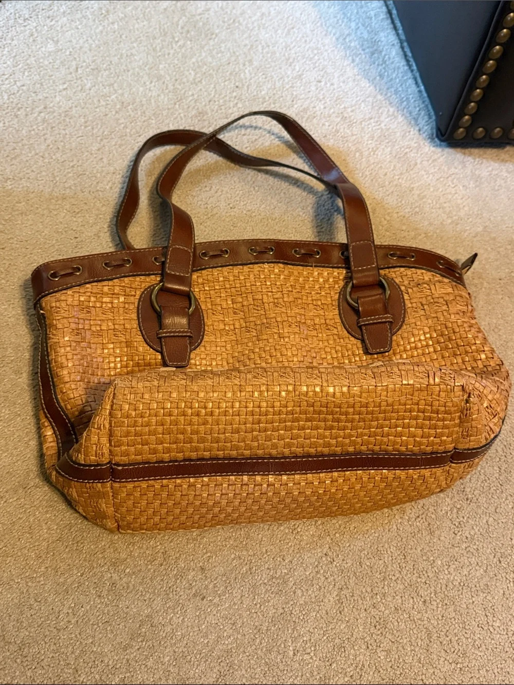 Fossil Woven Straw Tote with Brown Leather Trim - Picture 8 of 11